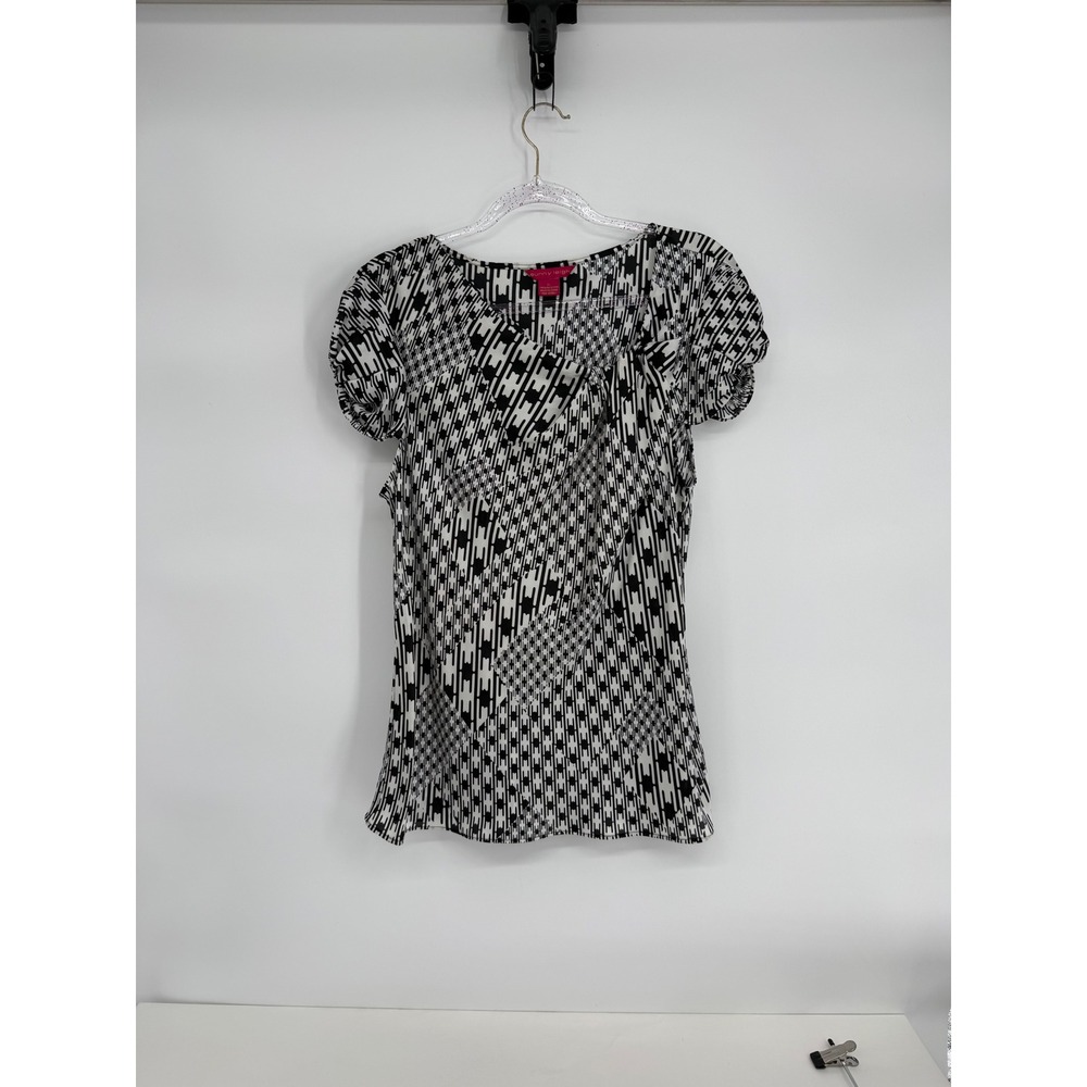 Sunny Leigh Womens Sz XL Black White Geometric Houndstooth Puff Slv Blouse Top